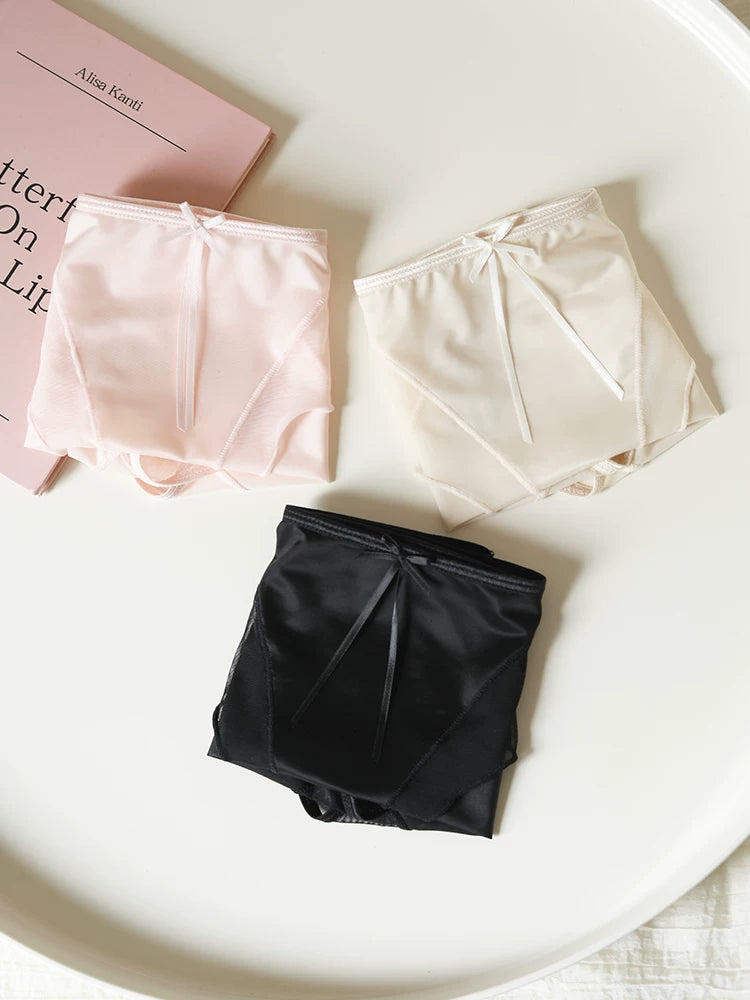French-Inspired Luxury Satin Mesh Panties with Bow and Lace Trim