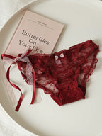 French-Inspired Low-Waist Sheer Mesh Panties with Ribbon Bow and Lace Trim