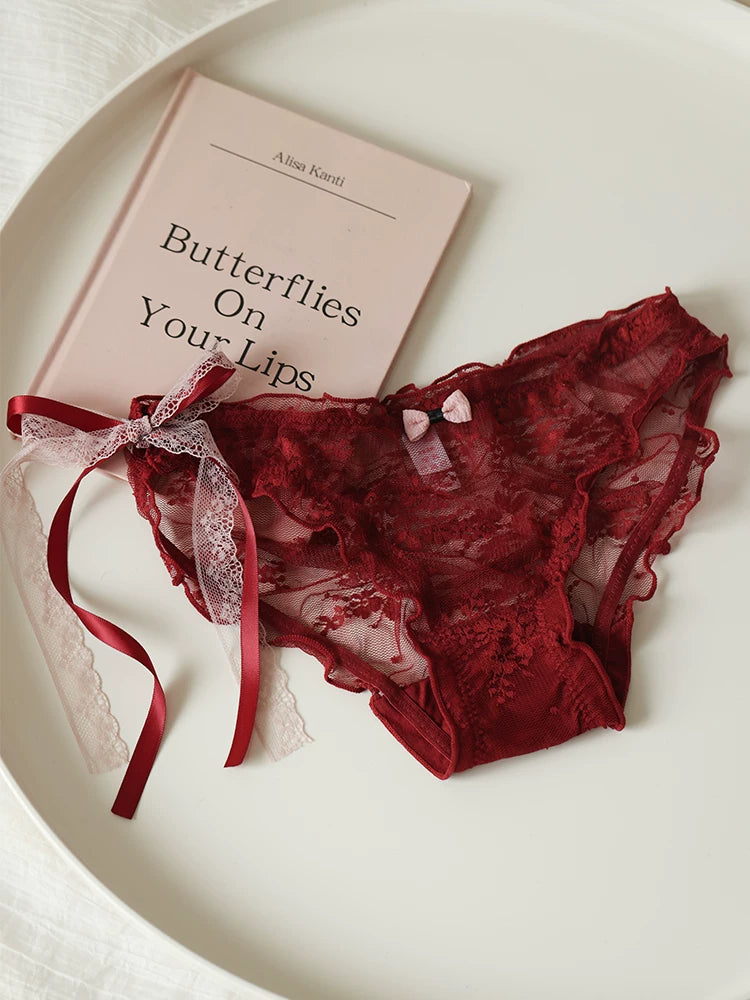 French-Inspired Low-Waist Sheer Mesh Panties with Ribbon Bow and Lace Trim