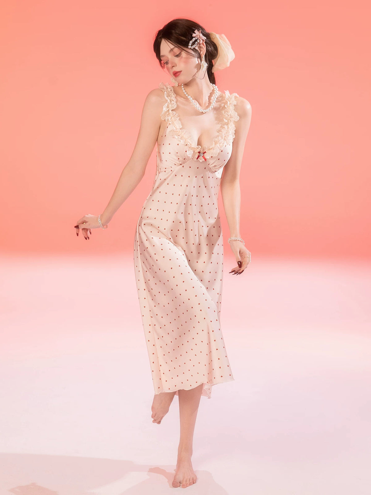 Women's French-Inspired Polka Dot Nightdress with Lace Trim