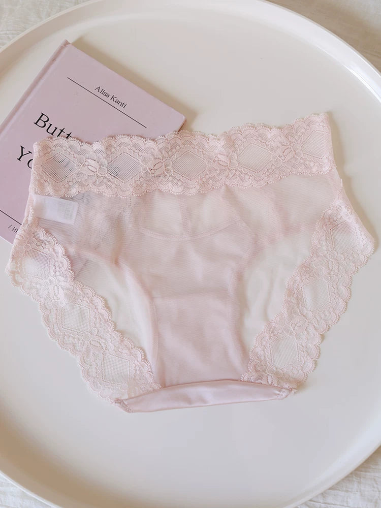 Mid-Waist Satin Mesh Panties with Lace Trim