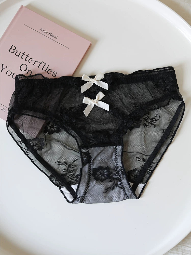 French-Inspired Vintage Mesh Panties with Double Bow and Lace Trim