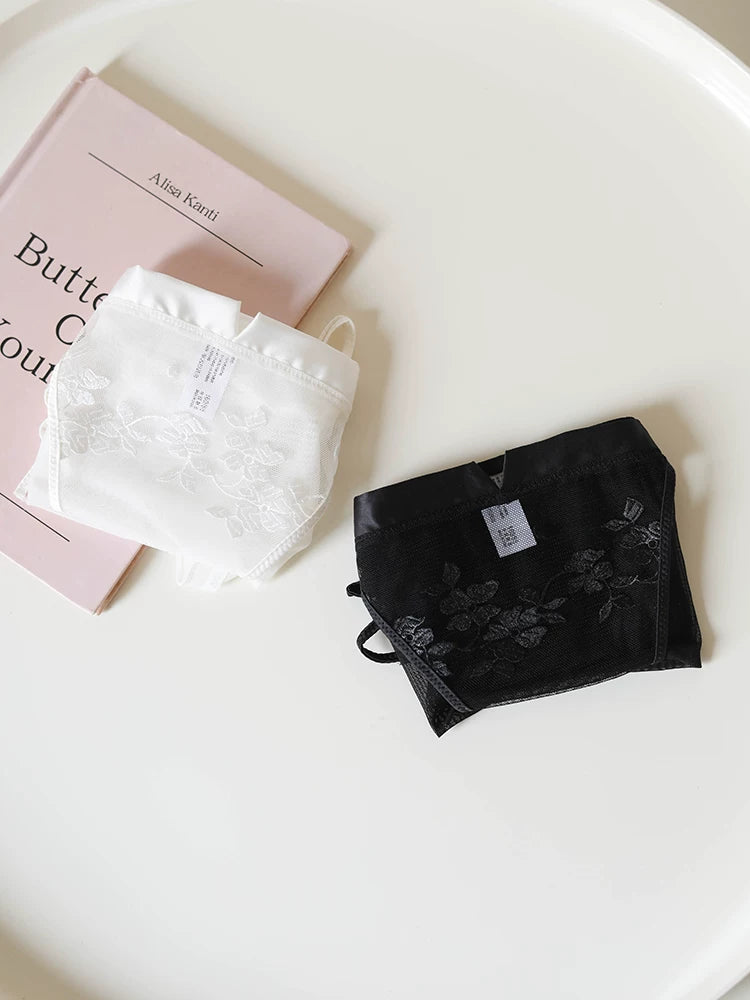 Floral-Inspired Mesh Panties with Tie Sides and Lace Trim