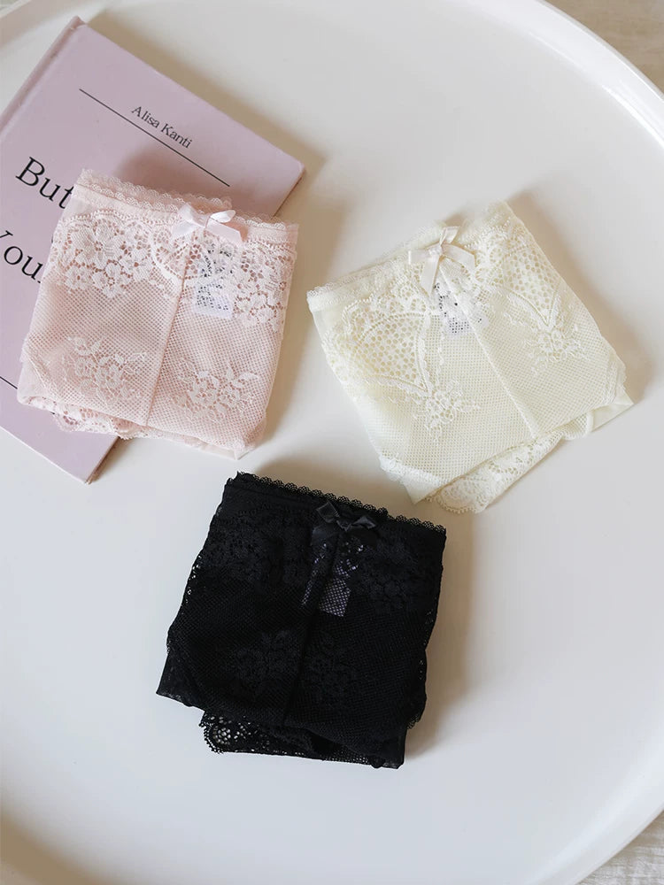 French-Inspired Floral Panties with Bow Embroidery and Lace Trim