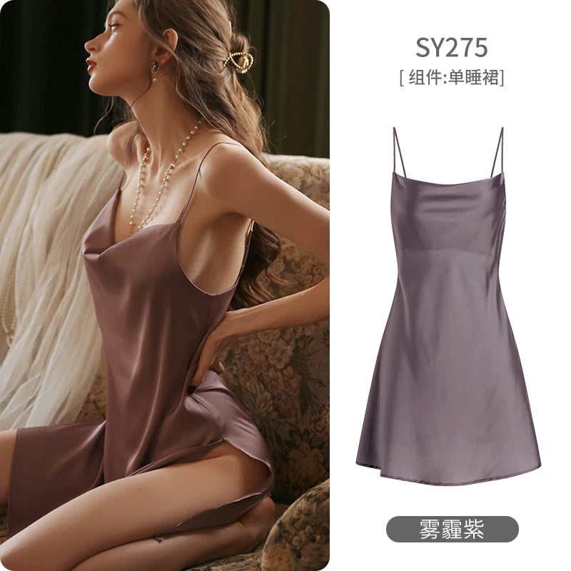 Women's Spaghetti Strap Slit Nightgown with Backless Design