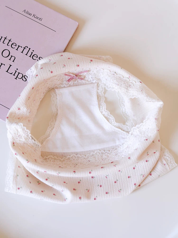 Sweet Floral Bow Lace Trim Pure Cotton Crotch Panties