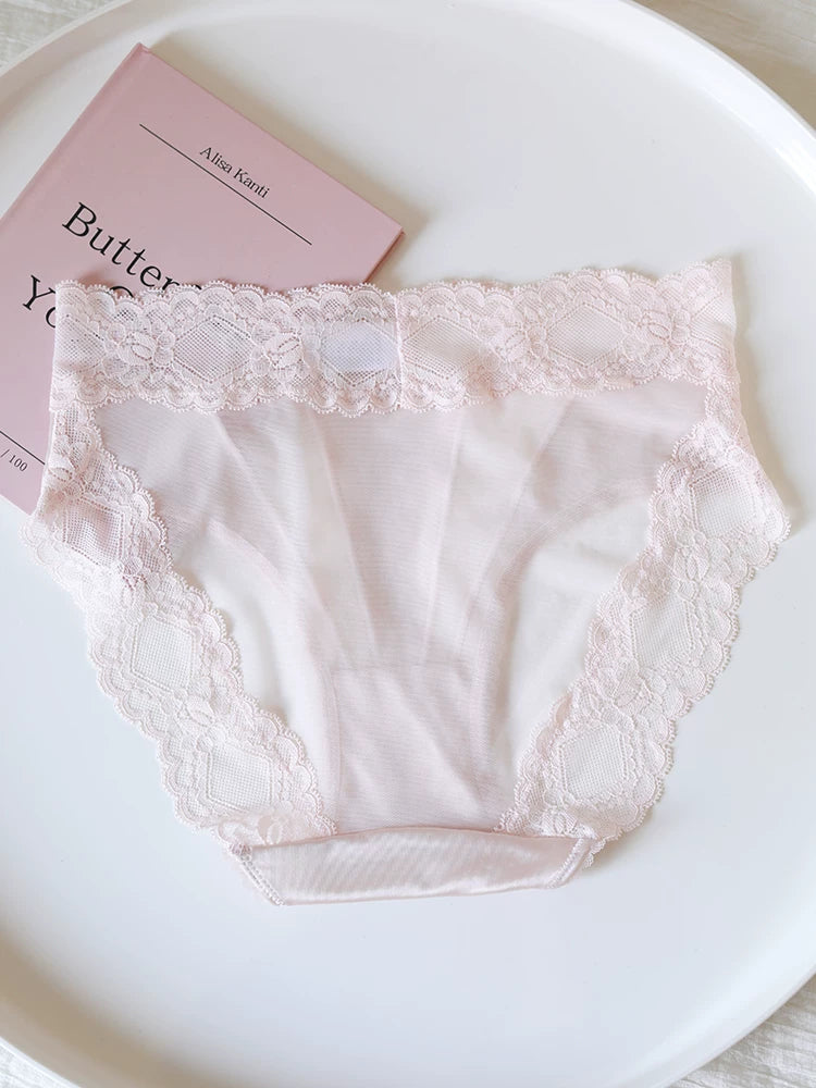 Luxurious Mid-Waist Transparent Mesh Panties with Lace Trim and Cotton Crotch