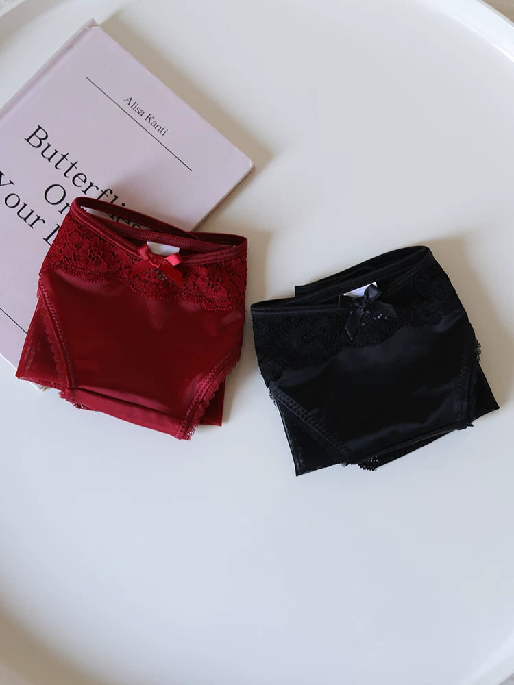 Luxury Satin Lace-Trimmed Low-Waist Briefs with Mesh and Cotton Crotch