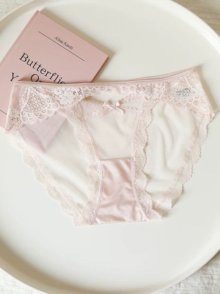 French-Inspired Vintage Mesh Panties with Bow and Lace Trim