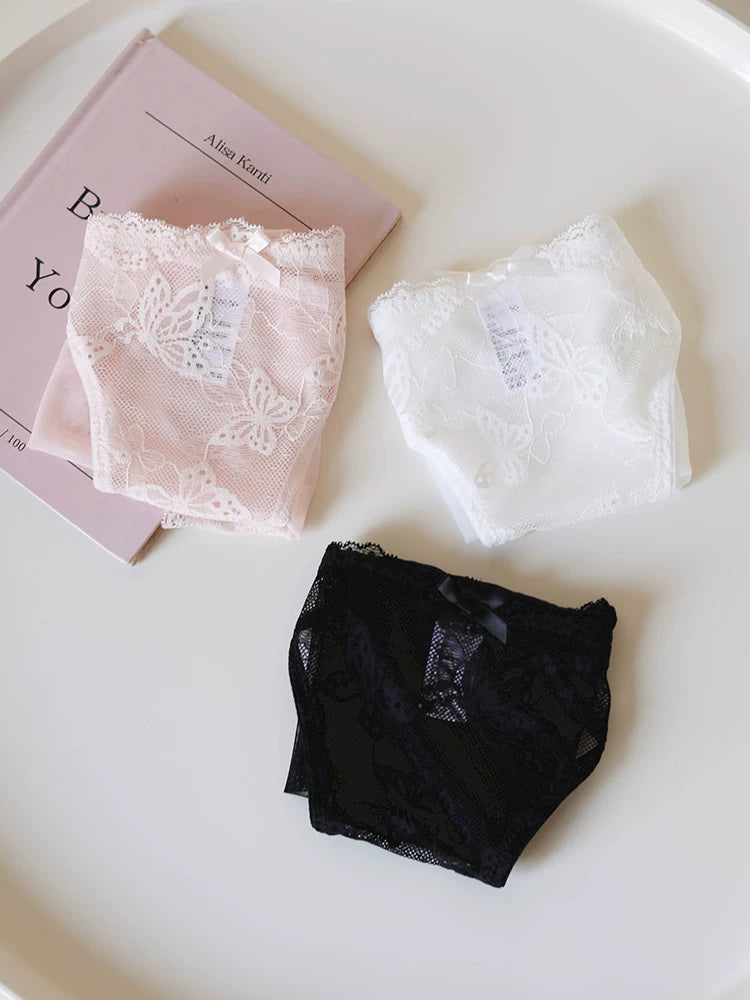 Vintage Mesh Panties with Butterfly Embroidery and Lace Trim