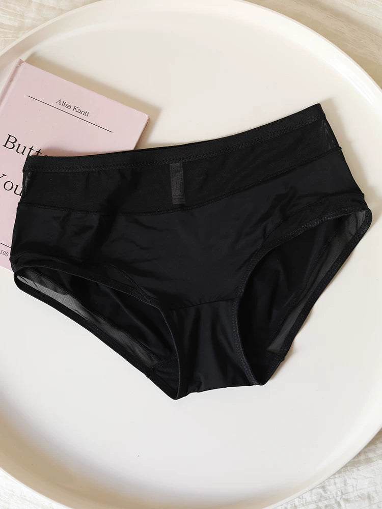 Simple Ice Silk Mesh Mid-Waist Panties with Breathable Cotton Crotch