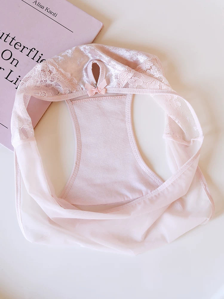 French-Inspired Vintage Mesh Panties with Velvet Bow and Lace Trim