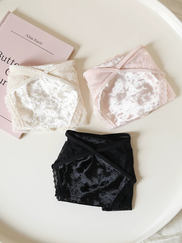 Velvet Mesh Lace Panties with Straps and Cotton Crotch
