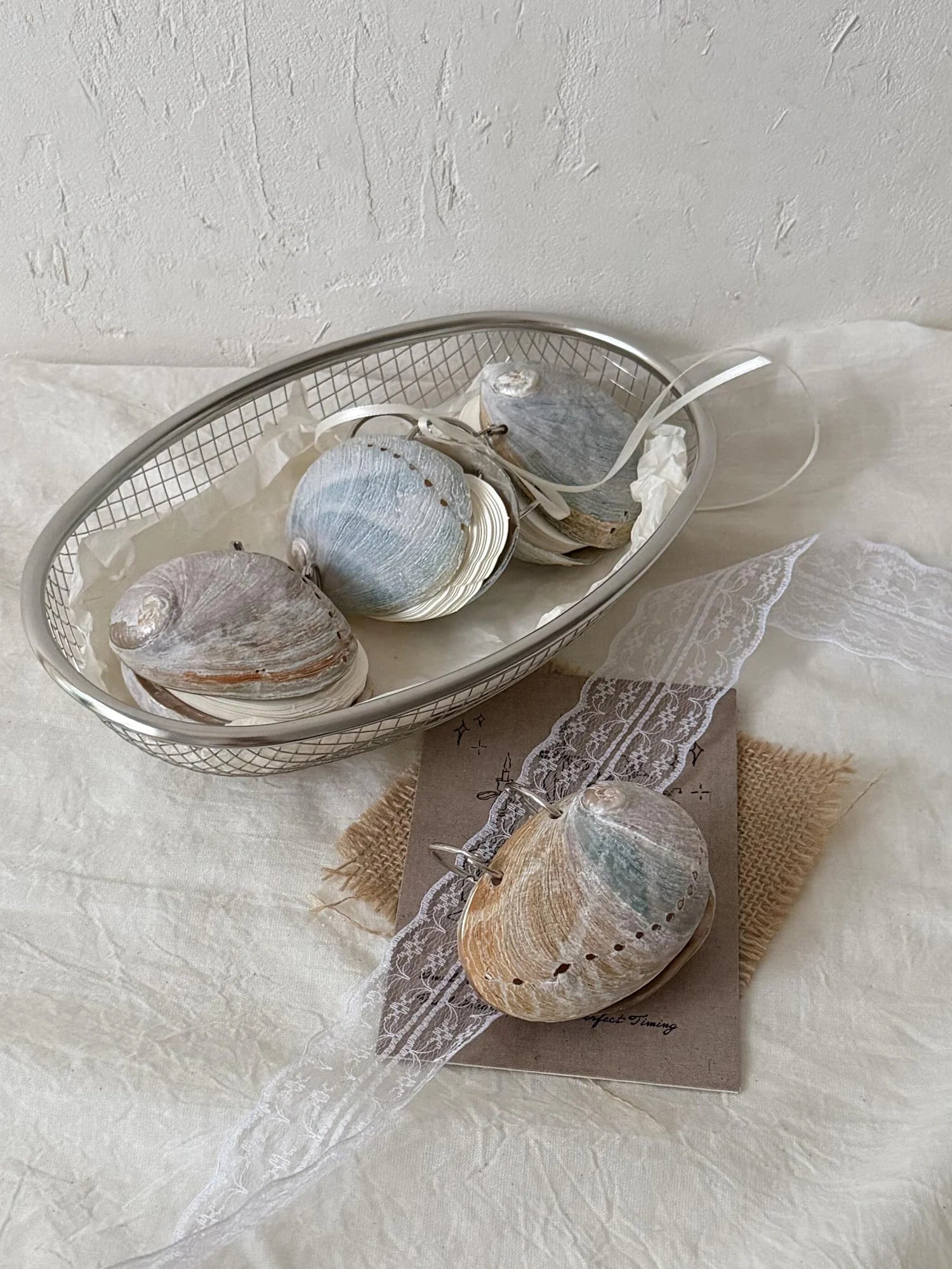 Shell keepsakes on linen in natural light